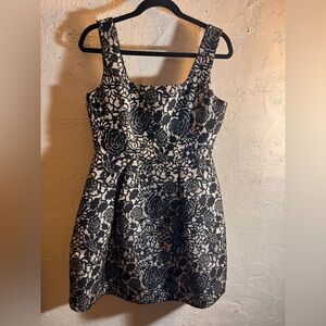 Black and Gold Anthro Fit Flare Mini Dress brocade floral w metallic floral hoco